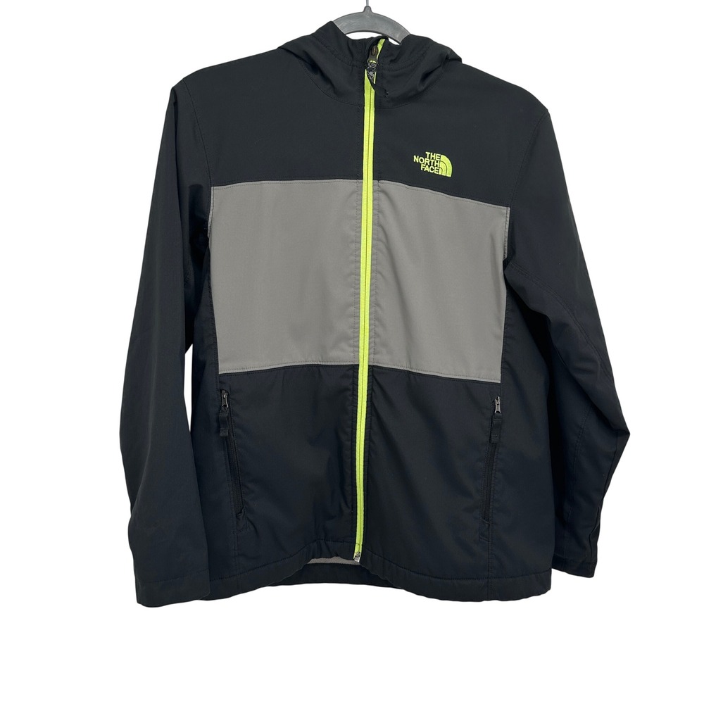 The North Face Boys L 14/16 Softshell Jacket Black Grey Neon Green Hooded Fleece